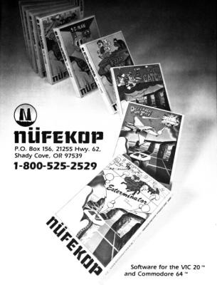 [Advertisement: Nfekop software for the VIC-20 and Commodore 64]