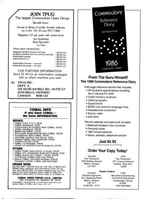 [Advertisement: Join TPUG, COMAL Users Group USA, The 1986 Commodore Reference Diary]